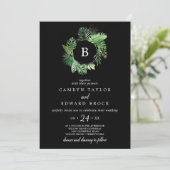 Wild Tropical Palm | Black Monogram Wedding Einladung (Stehend Vorderseite)