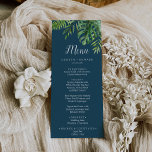 Wild Tropical Palm | Blue Wedning Dinner Menu Menükarte<br><div class="desc">Diese Karte mit tropischen Palmenblättern und blauen Hochzeitsessen eignet sich perfekt für einen Strand oder eine Hochzeit in Urlaubsort. Das Design besticht durch eine exotische Auswahl an grünen Bananenpalmen, Farne, Blattwerk, botanischen Pflanze und Grünpflanzen auf marineblauem Blätter für einen tropischen Sommer. Diese Speisekarte kann für Hochzeitsfeiern, Proben oder jede Veranstaltung...</div>