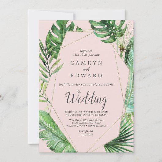 Wild Tropical Palm | Blush Geometric Wedding Einladung (Vorderseite)