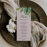 Wild Tropical Palm | Blush Wedding Dinner Menu Menükarte<br><div class="desc">Diese Karte mit tropischen Palmen, die zum Hochzeitsessen einlädt, eignet sich perfekt für einen Strand oder eine Hochzeit in Urlaubsort. Das Design besticht durch eine exotische Auswahl an grünen Bananenpalmen in Aquarelltönen, Farne, Blattwerk, botanische Pflanze und Grünpflanzen auf einem blütenrosa Hintergrund für einen tropischen Sommer. Diese Speisekarte kann für Hochzeitsfeiern,...</div>