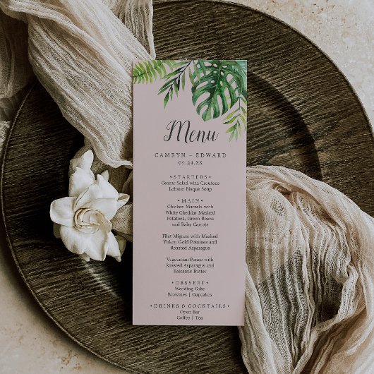 Wild Tropical Palm | Blush Wedding Dinner Menu Menükarte