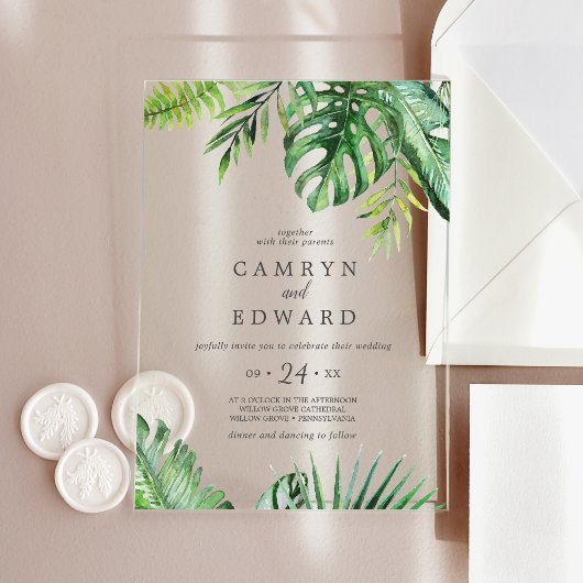 Wild Tropical Palm Boho Beach Hochzeit in Urlaubso Acryleinladungen