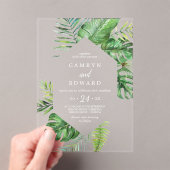 Wild Tropical Palm Leaf Weiße Hochzeit in Urlaubso Acryleinladungen (Insitu (Handheld))
