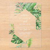 Wild Tropical Palm Leaf Weiße Hochzeit in Urlaubso Acryleinladungen (Vorderseite)