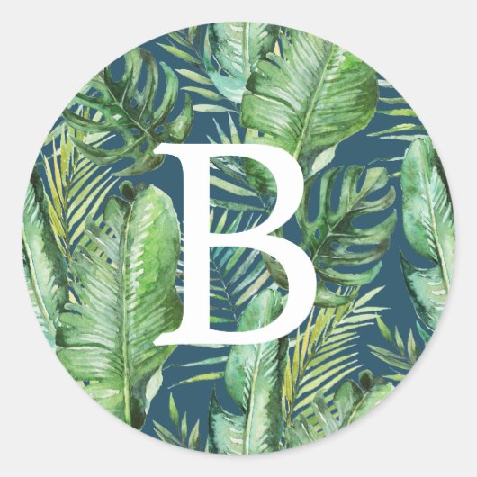 Wild Tropical Palm | Monogramm-Navy-Umschlag Aufkl Runder Aufkleber (Vorderseite)