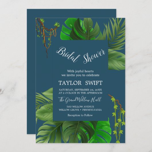 Wild Tropical Palm | Navy Blue Brautparty Einladung (Vorne/Hinten)