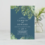 Wild Tropical Palm | Navy Blue Lässig Wedding Einladung (Stehend Vorderseite)