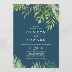 Wild Tropical Palm Navy Blue Lässig Wedding Einladung