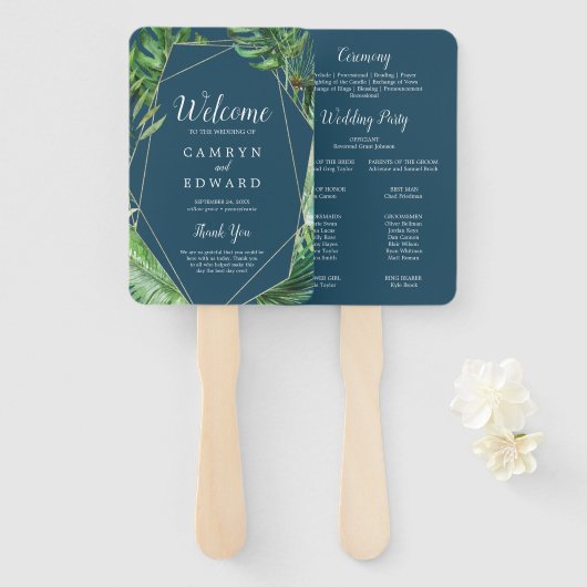 Wild Tropical Palm | Navy Blue Wedding Program Fan Fächer (Vorne und Hinten)