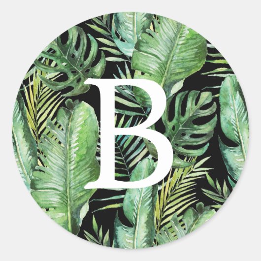 Wild Tropical Palm | Schwarze Monogramm-Umschlag A Runder Aufkleber (Vorderseite)