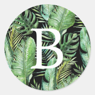 Wild Tropical Palm Schwarze Monogramm-Umschlag A Runder Aufkleber