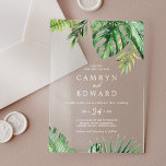 Wild Tropical Palm White Beach Hochzeit in Urlaubs Acryleinladungen<br><div class="desc">Diese wildromantischen Hochzeit in Urlaubsort aus weißem Sand,  Acryl,  sind perfekt für eine Strandhochzeit. Das Design besticht durch eine exotische Auswahl an grünen Bananenpalmen,  Farnen,  Blattwerk,  botanischen Pflanze und Grünpflanzen,  die für einen tropischen Sommer sorgen.</div>