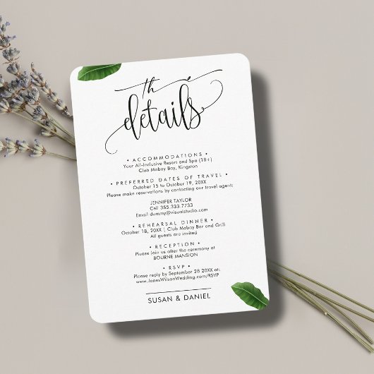 Wild tropische Blätter Foto Hochzeitreisen Details Begleitkarte