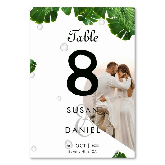 Wild-tropische Blätter & Lush Palm Foto Hochzeit Tischnummer (Rückseite)