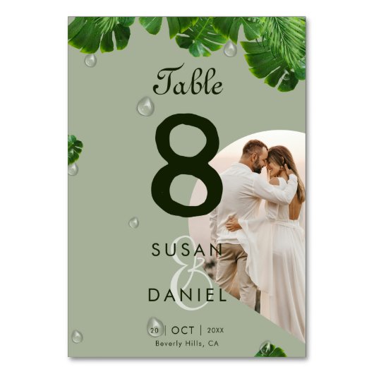Wild-tropische Blätter & Lush Palm Foto Hochzeit Tischnummer (Rückseite)