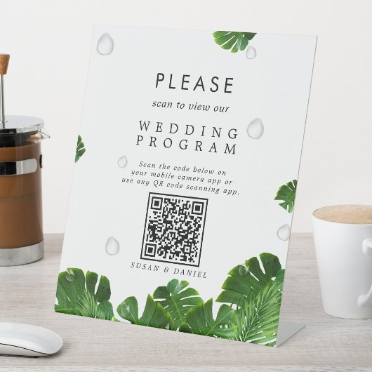 Wild tropische Palmen Blätter QR Code Hochzeitspro Sockelschild