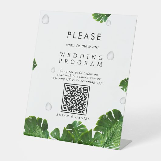 Wild tropische Palmen Blätter QR Code Hochzeitspro Sockelschild (Vorderseite)