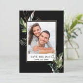 Wild tropisches Blattwerk Hochzeitsstift Foto Schw Save The Date (Stehend Vorderseite)