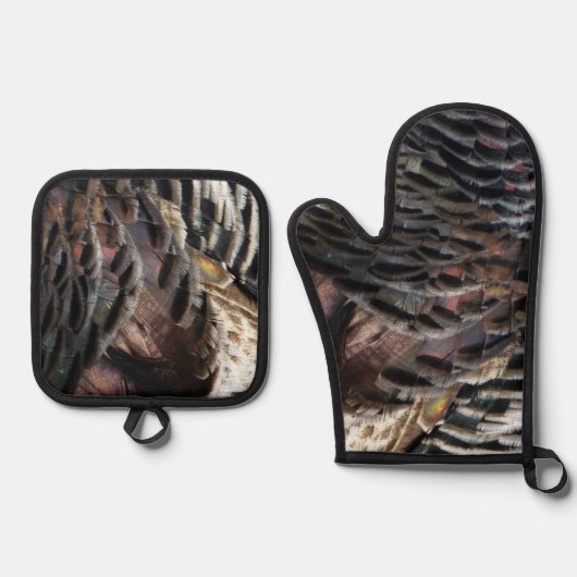 Wild Turkey Feathers I Abstrakt Nature Design Ofenhandschuh & Topflappen-Set (Vorderseite)