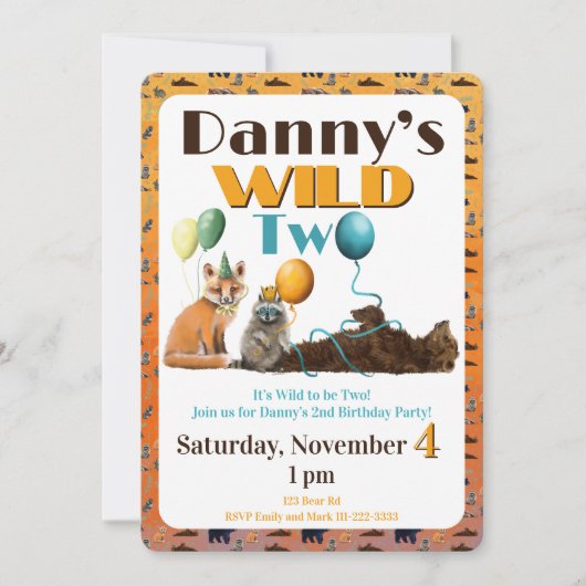 Wild Two Animals First Birthday Invitation Einladung (Vorderseite)