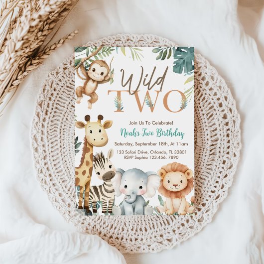 Wild Two Safari Animals Boy Birthday Party Einladung