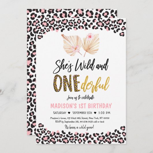 Wild und ONEderful Leopard Print Pink Birthday Einladung (Vorne/Hinten)