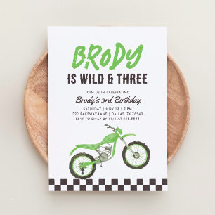 Wild und Three Green Dirt Bike Boy 3. Geburtstag Einladung