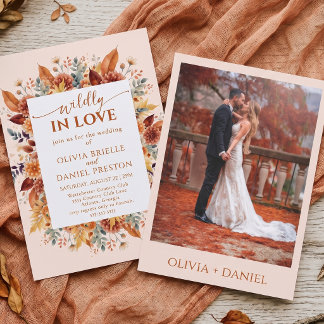 Wild Verliebte Rostrote Herbstblumen-Foto-Hochzeit Einladung