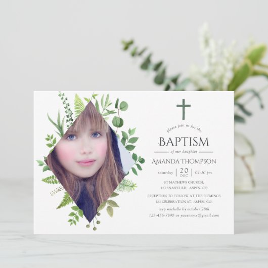 Wild-Waldgrün-Taufe oder Christening Einladung (Stehend Vorderseite)