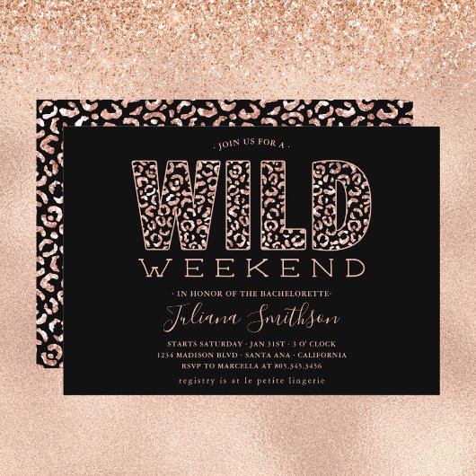 Wild Weekend Rose Gold Leopard Bachelorette Invita Einladung