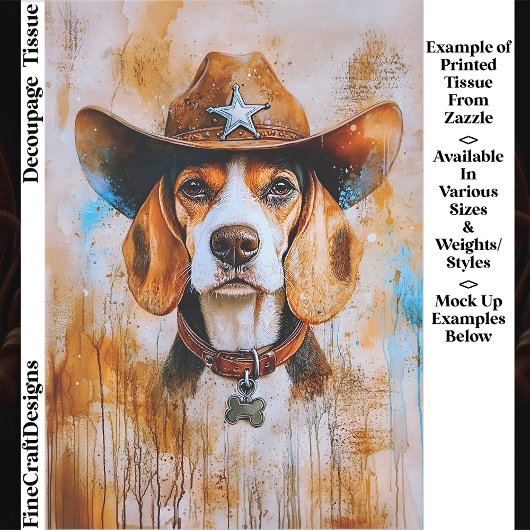 Wild West Beagle Dog In Cowboy Hat EY4 Decoupage Seidenpapier