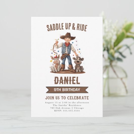 Wild West Cowboy Birthday Party Einladung (Stehend Vorderseite)