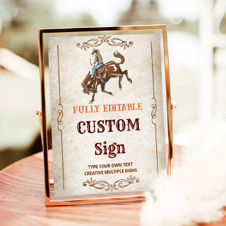 Wild West Cowboy Birthday Party Table Sign Poster