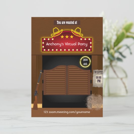 Wild West Cowboy Virtual Party Einladung (Stehend Vorderseite)