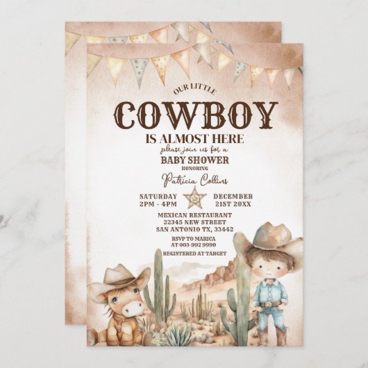 Wild West Little Cowboy Baby Shower Einladung (Vorne/Hinten)