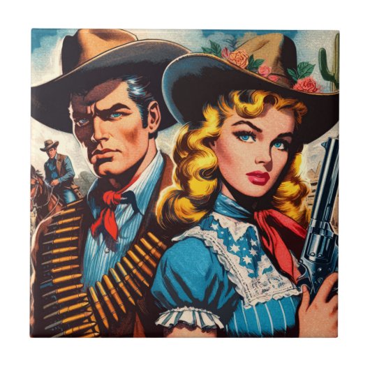 Wild-West-Pärchen Retro-Comics Fliese (Vorderseite)