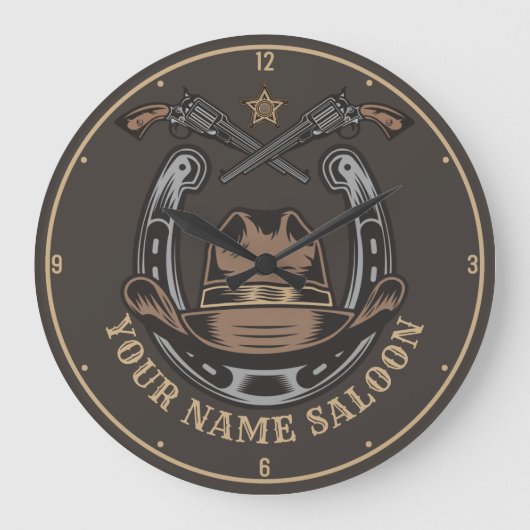 Wild West Revolver Horseshoe Western Cowboy Saloon Große Wanduhr (Vorderseite)