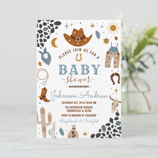 Wild West Western Baby Shower Rodeo Boy Einladung (Stehend Vorderseite)