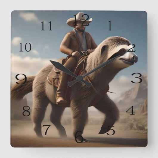 "Wild West Wonders: Cowboy Riding a Sloth Horse" Quadratische Wanduhr (Vorderseite)