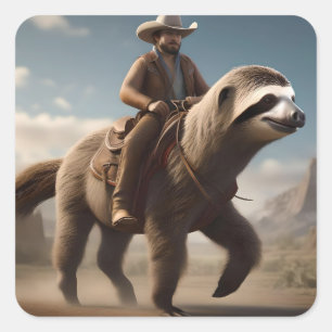 "Wild West Wonders: Cowboy Riding a Sloth Horse" Quadratischer Aufkleber
