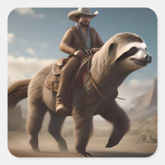 "Wild West Wonders: Cowboy Riding a Sloth Horse" Quadratischer Aufkleber (Vorderseite)