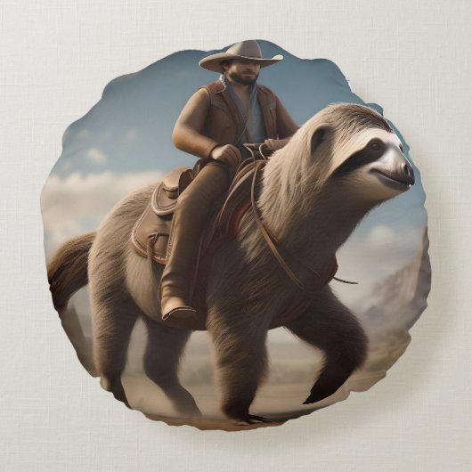 "Wild West Wonders: Cowboy Riding a Sloth Horse" Rundes Kissen (Rückseite)