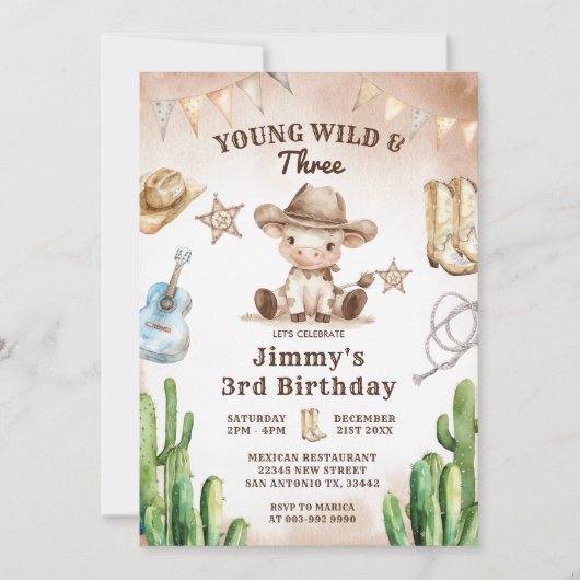 Wild West Young Wild & Three Cowboy Birthday Einladung (Vorderseite)
