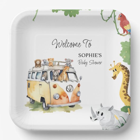 Wild Wheels Safari Animal Baby Shower Camper Van Pappteller (Vorderseite)