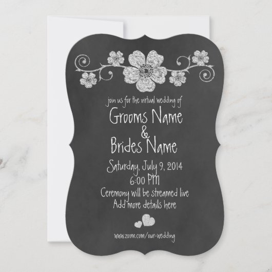 Wild White Roses Chalkboard Virtual Wedding Einladung (Vorderseite)