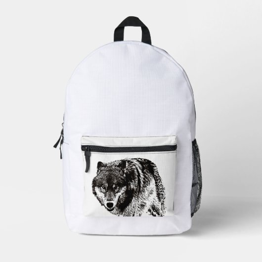 Wild Wolf Black & White Artwork Bedruckter Rucksack (Vorderseite)