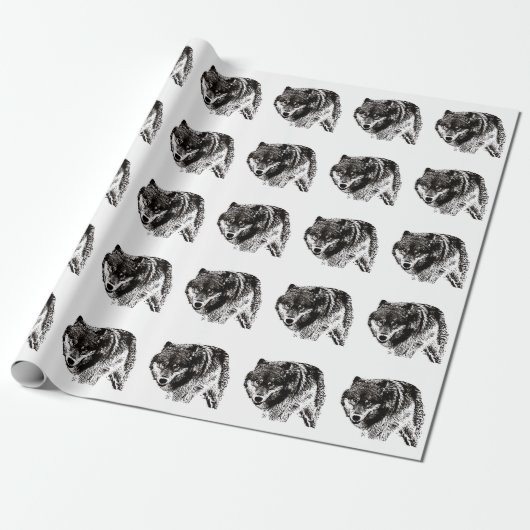 Wild Wolf Black & White Artwork Geschenkpapier (Ungerollt)