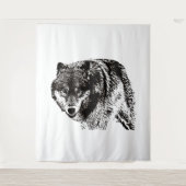 Wild Wolf Black & White Artwork Wandteppich (Vorderseite)