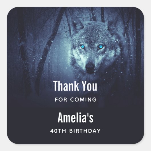 Wild Wolf mit Beautiful Blue Eyes Event Vielen Dan Quadratischer Aufkleber (Vorderseite)