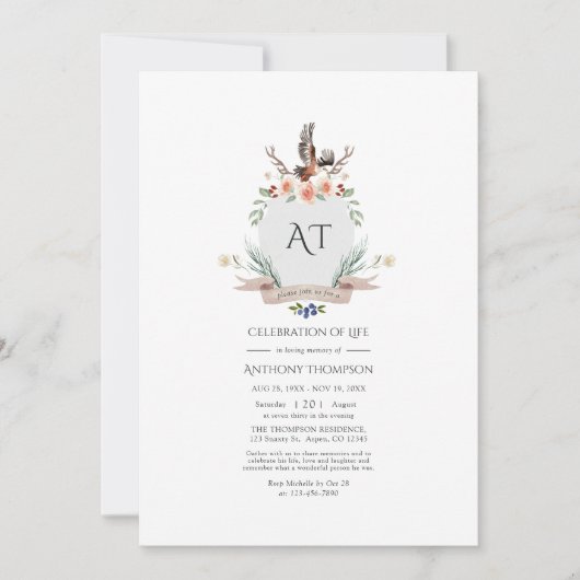 Wild Woodland Laurel Wappen Celebration of Life In Einladung (Vorderseite)